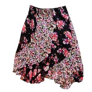 Black and Pink Floral Print Midi Skirt Asymmetrical Hem Valentines Day Size 2X